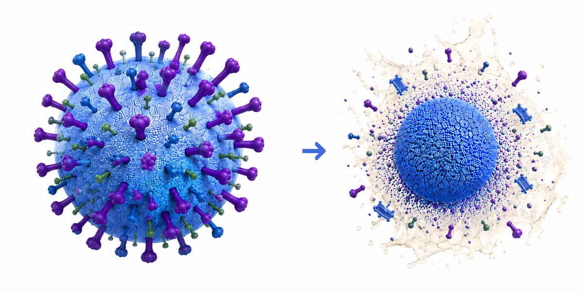 Illustration of lipid-envelope disruption, not a clinical result